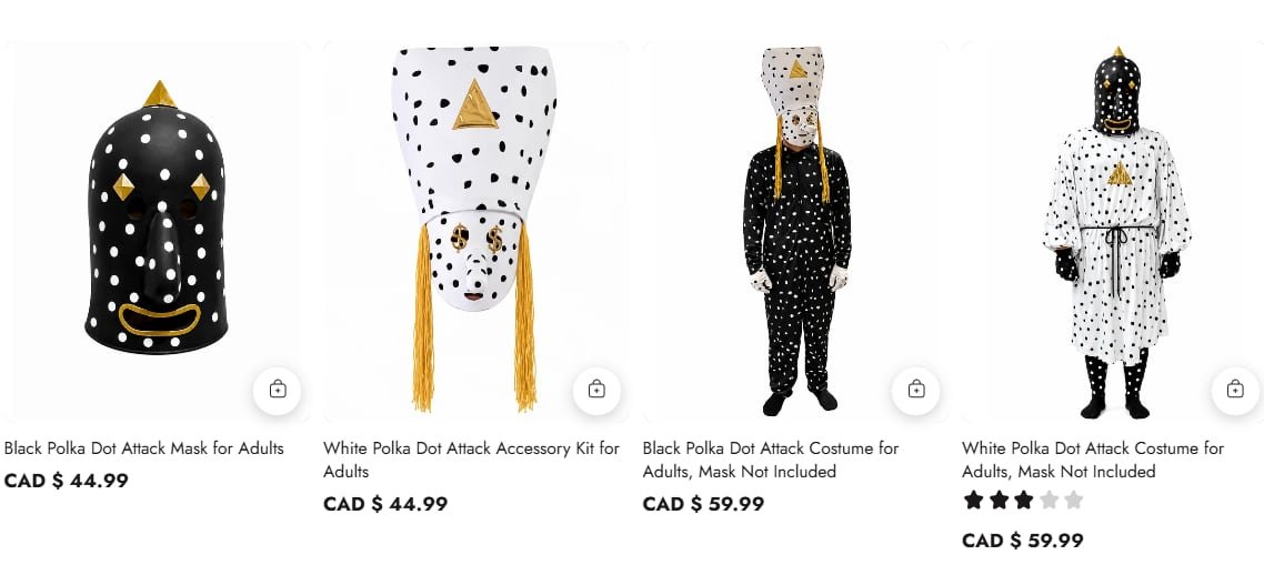 A screenshot displaying available costumes with corresponding prices. Masks are priced at $44.99, while full-body costumes are $59.99 each.